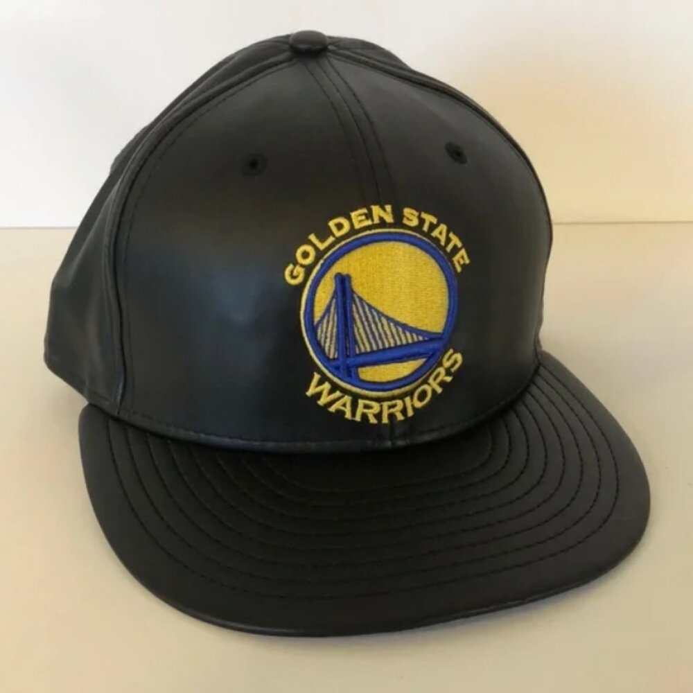 Golden State Warriors NBA Faux Leather New Era Fitted Hat Cap Black Size 7 3/8